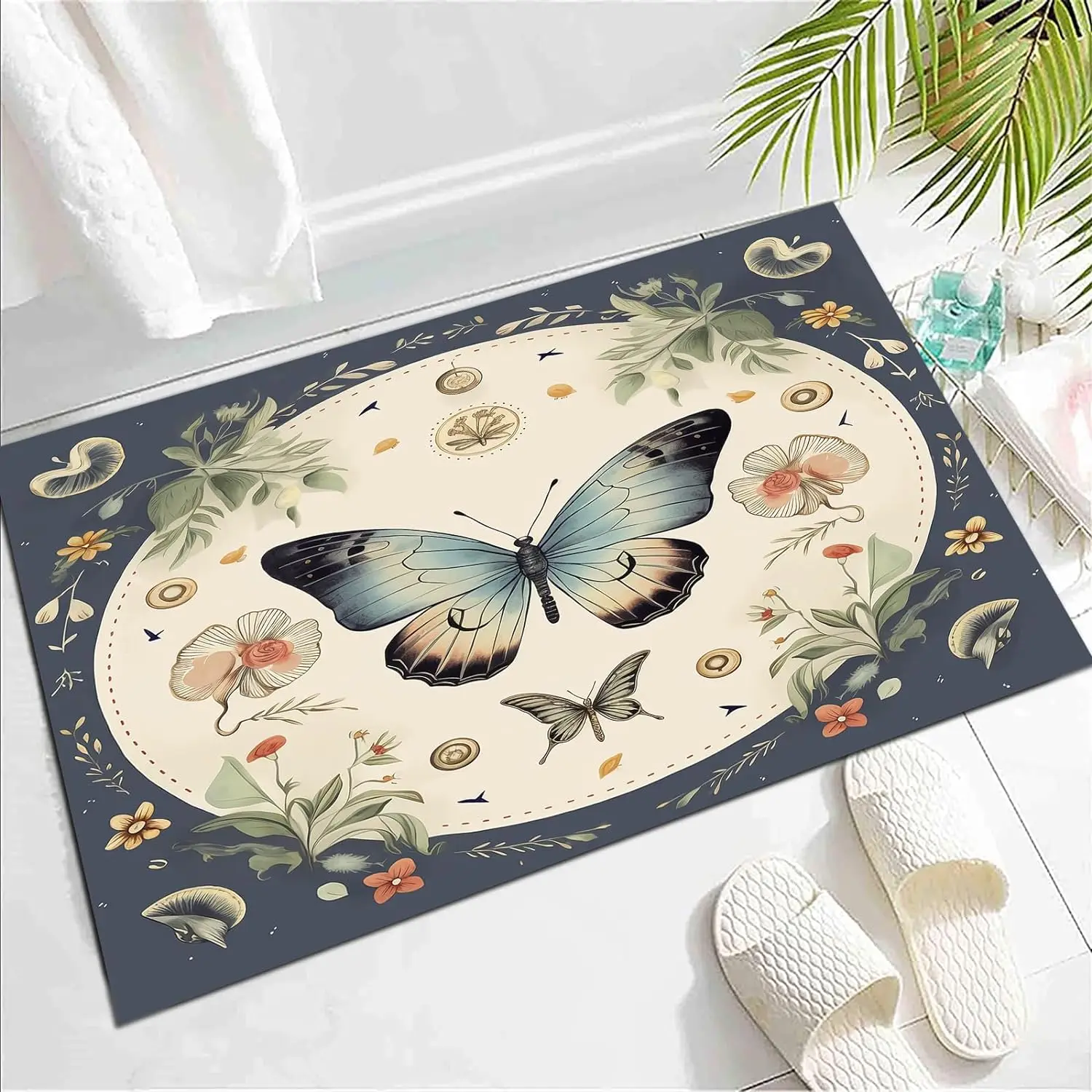 Wild Flying Animal Butterfly Carpet Spring Garden Plant Floral Area Rug for Girls Women Bedside Sofa, Botanical Flower Floor Mat