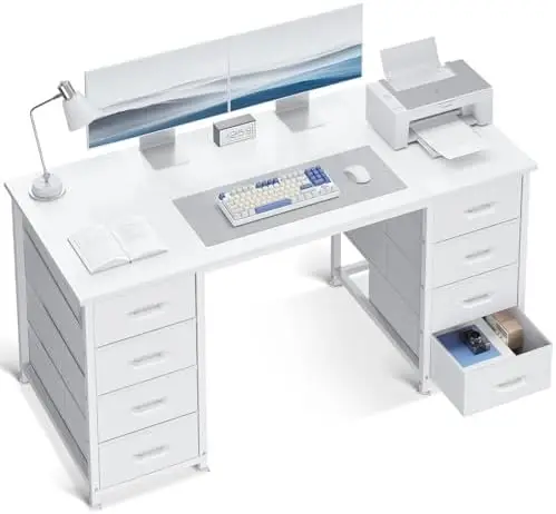 48 Inch White Computer Desk with 8 Fabric Drawers, Modern Office Desk with Large Storage for Home Office, Study