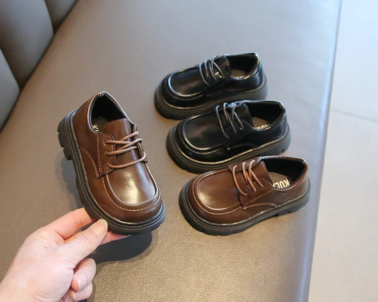 Kinder-Lederschuhe für Jungen und Mädchen, Unisex, formelle Kinderschuhe im britischen Stil, zum Schnüren, weiche, dicke Sohle für Hochzeit, Party, rutschfest – Detail 4