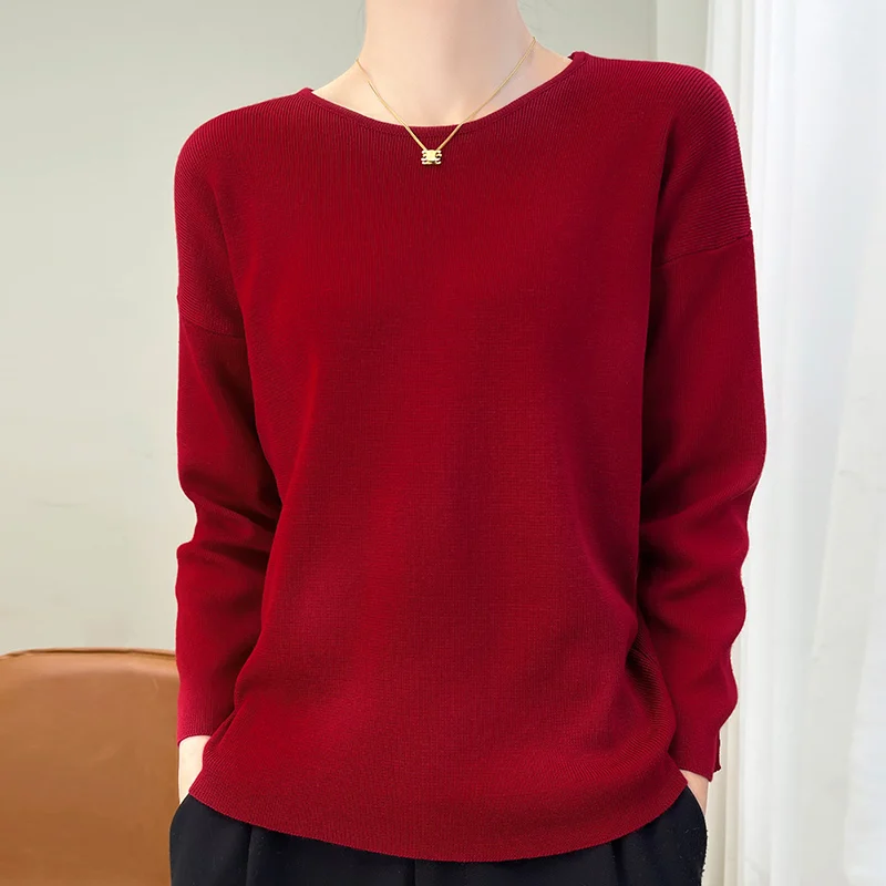 

Spring Stylish O-neck Sweater Solid Color Women Knit Three-quarter Sleeve Botton Top Fashion Autumn Casual Loose Female Pullover