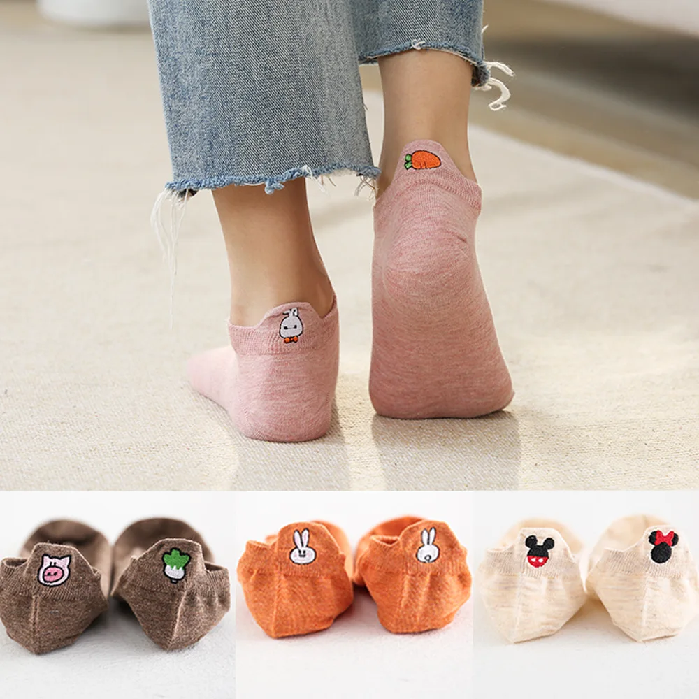 10 Pairs Women's Ankle Socks Summer Cute Cartoon Embroidery Heel Tab Daily Casual Gifts Kawaii Trendy Rabbit Lady Short Socks