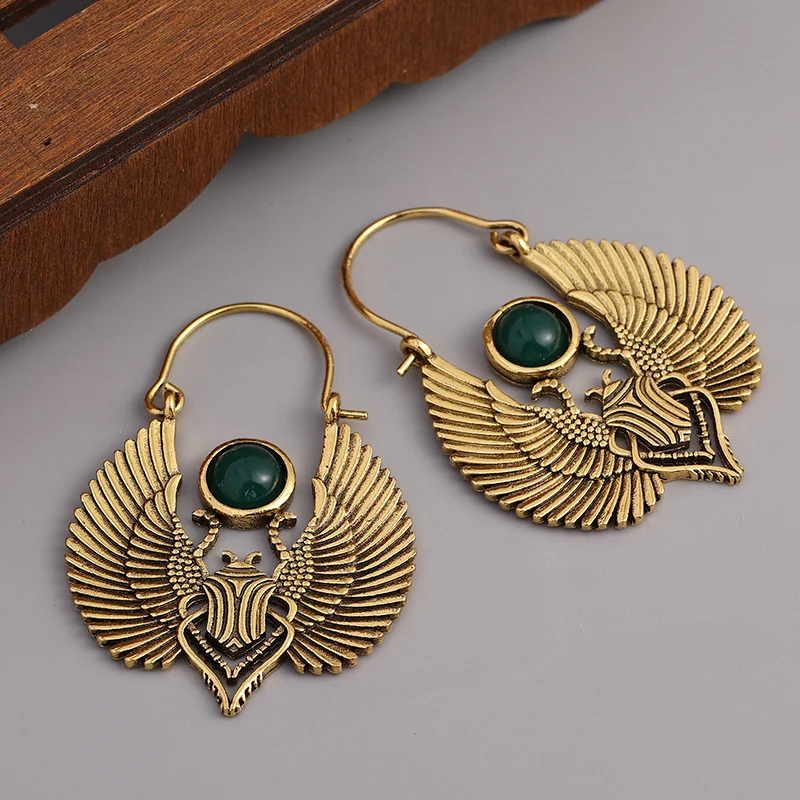 Vintage Egyptian Inspired Designs Sacred Wings Scarab Large Hoops Earrings Gypsy Tribal Women Gold Color Earrings Party Gift