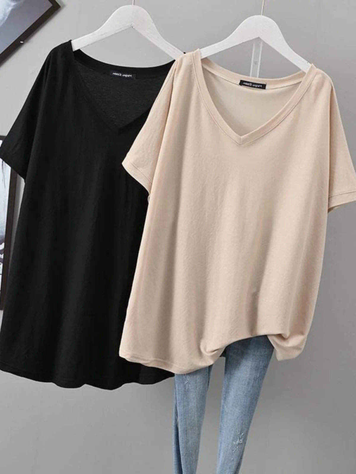 

plus Size Women's V-Neck Short Sleeve T-Shirt Korean Style Loose Fit Summer Thin Casual Top for Heavy Girls Casual Wear