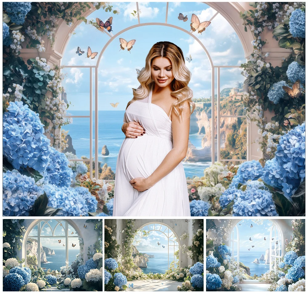 

Blue Flower Butterfly Photography Backdrop Ocean Floral Sea Arch Door Adult Birthday Wedding Maternity Portrait Photo Background