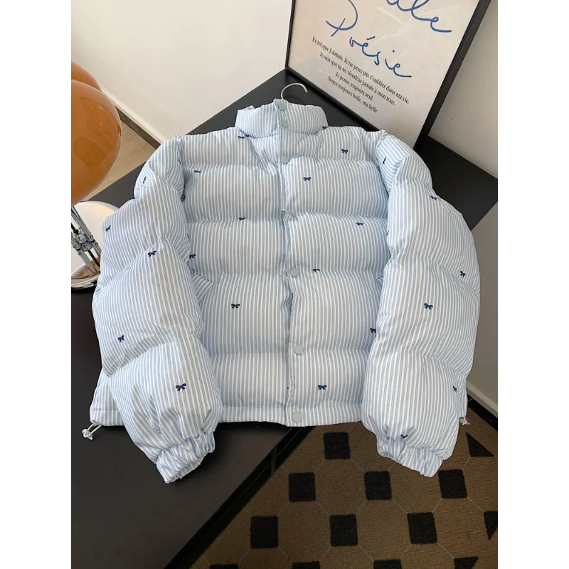 

Short Bow Women's Jacket Blue Stripes Design Unique Bread Jacket with Cotton Jacket