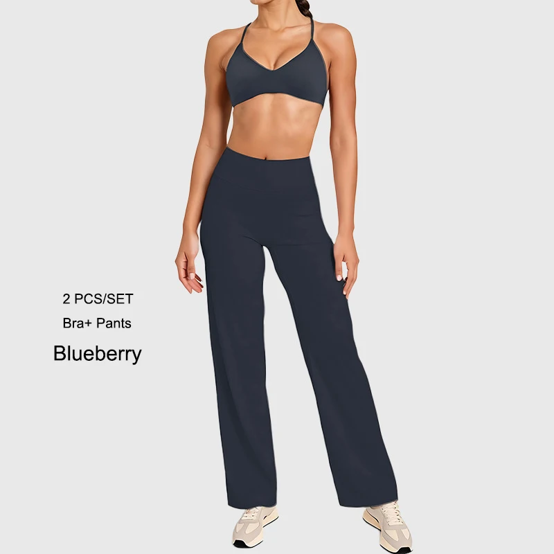 ชุดออกกำลังกายผู้หญิงแบบ 2 ชิ้น เสื้อชั้นในทรงสลิมฟิต กางเกงขายาวทรงกว้าง ชุดฟิตเนส ชุดออกกำลังกาย ชุดกีฬา เอวสูงทรงสลิมฟิต