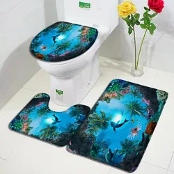 Sea Cave Landscape Bath Mat Set Solphin Fish Coconut Trees Plant Scenery Children Bathroom Decor Non-slip Rugs Toilet Lid Cover