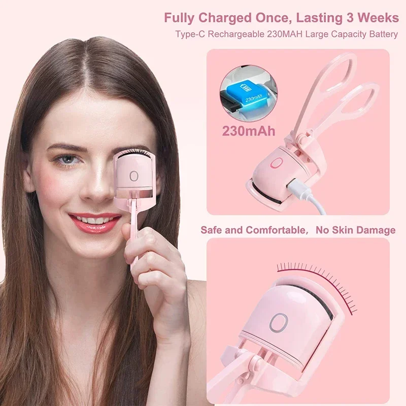 Curling Effect Heated Quick Heating & Long-Lasting Eyelashes Curler, USB Rechargeable Electric Eyelash Curlers with 2 Level Temp