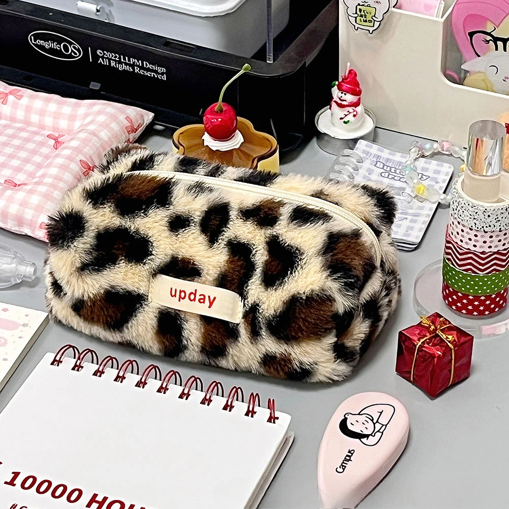 

Плюшевый милый осенне-зимний пенал с леопардовым принтом, большая вместительная сумка для хранения, студенческие канцелярские принадлежности, учебные принадлежности, обратно в школу