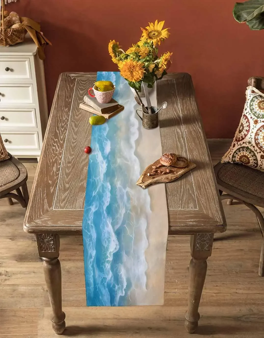 شاطئ المحيط موجة الأزرق تموج الماء الجدول عداء مضمد وشاح ديكور قابلة لإعادة الاستخدام المطبخ طاولة طعام عداء ديكور الحفلات #4