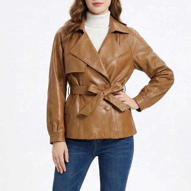 

Fashion Short Split Sheepskin Leather Jackets & Coats 2026 Spring Fall Women Lace-up Belt Long Sleeve Turn-down Leather Outwear