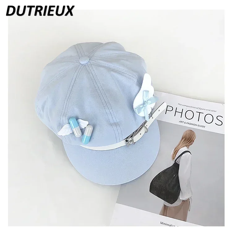 Y2k Niche Subculture Beret Children Personality Blue Wings Octagonal Cap Rivet Panda Newsboy Hat Summer Autumn New Japanese Hats image 6