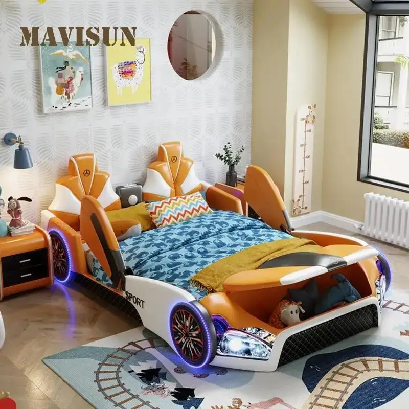 Car Shaped Bed For Boy And Girl Kids Solid Wood Lovely Bedroom Furniture Multi-Color Choose Cool Children’s Bed With Guardrail