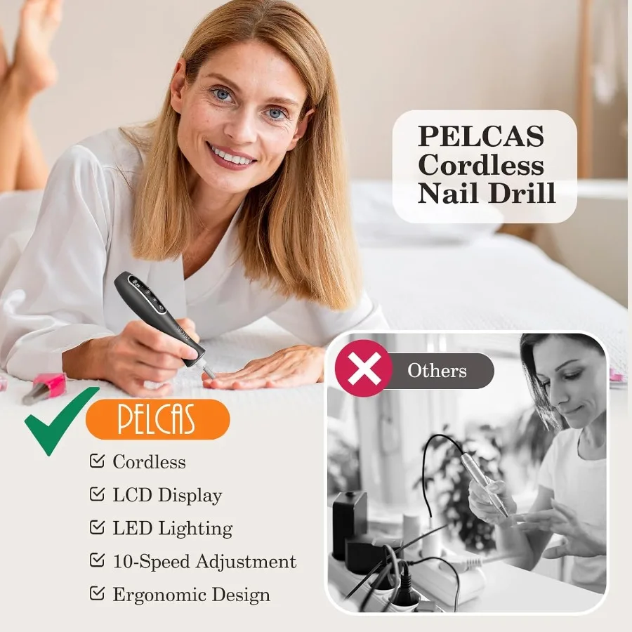 Kit trapano elettrico professionale per unghie a batteria con luce regolabile e 10 impostazioni di velocità per manicure e pedicure di precisione C