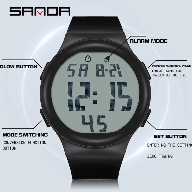 SANDA Trendy Fashion Men Electron Watch Soft TPU Strap Big Screen LED Digital Waterproof Alarm Clock Sports Men\'s Watches 2151