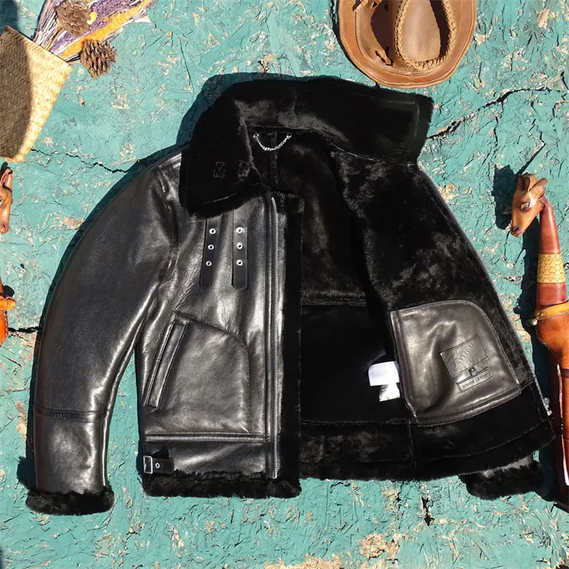 Black Winter Shearling Jacket Men Retro Style Plus Size 5XL Genuine Natural Thick Sheepskin B6 Bomber Military Flight Coat