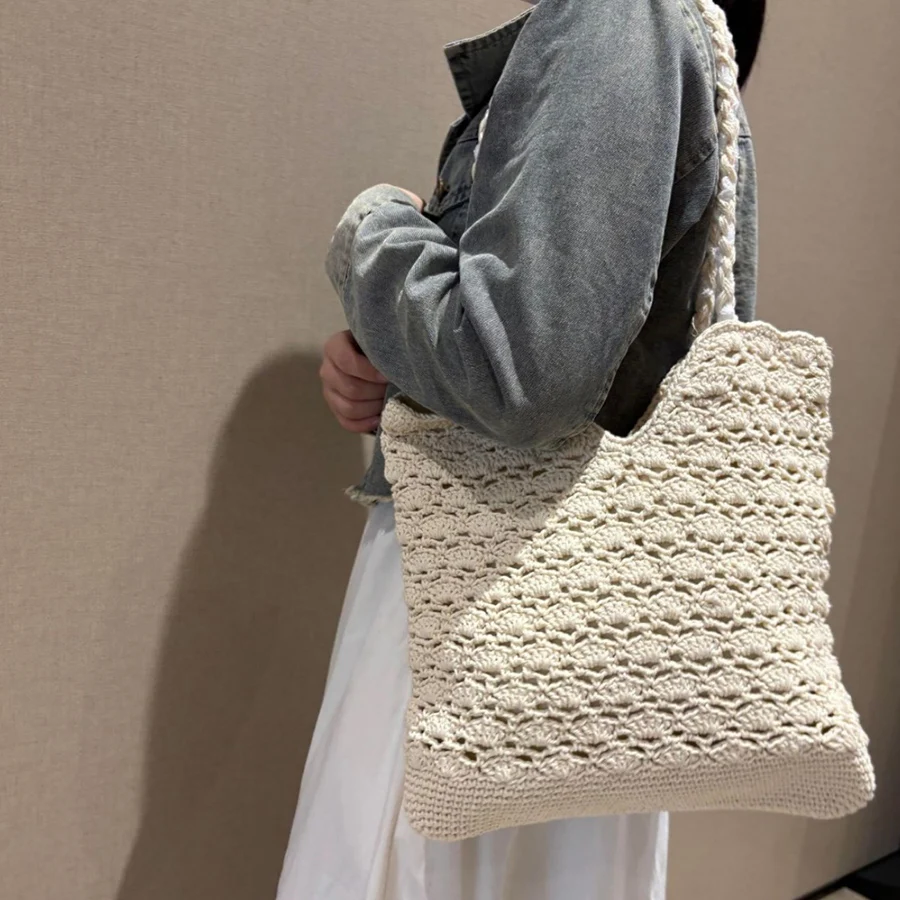 

Плетеная хлопковая женская сумка ручной работы в богемном стиле, летняя соломенная пляжная сумка-тоут, дорожная сумка-шоппер, плетеная сумка через плечо, ажурная сумка для повседневного использования