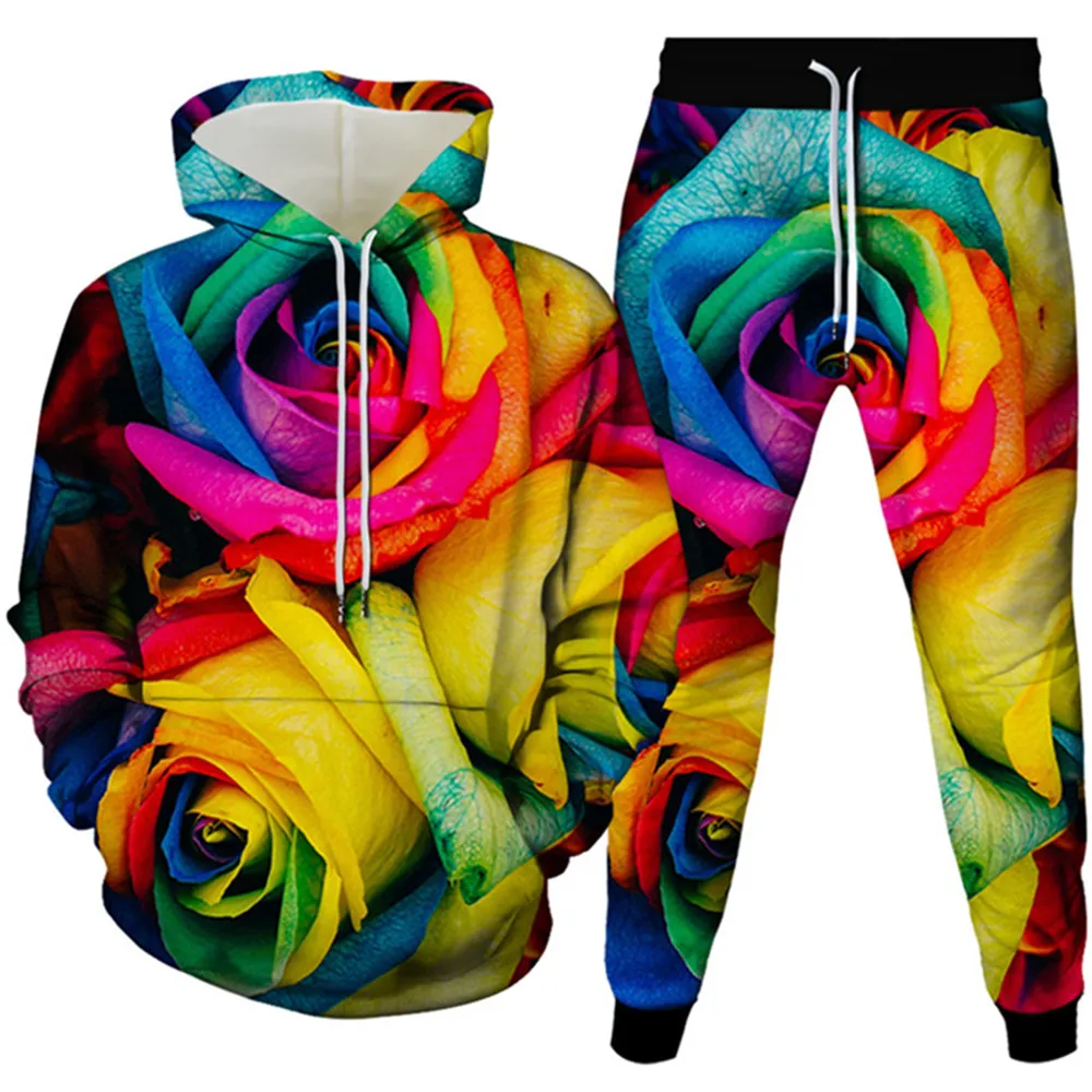 Men Hoodies Trousers 2Pc Suit Colorful Art Vortex Flower Black Hole Print Women Fashion Tracksuit Sets Casual Clothes Size S-6XL