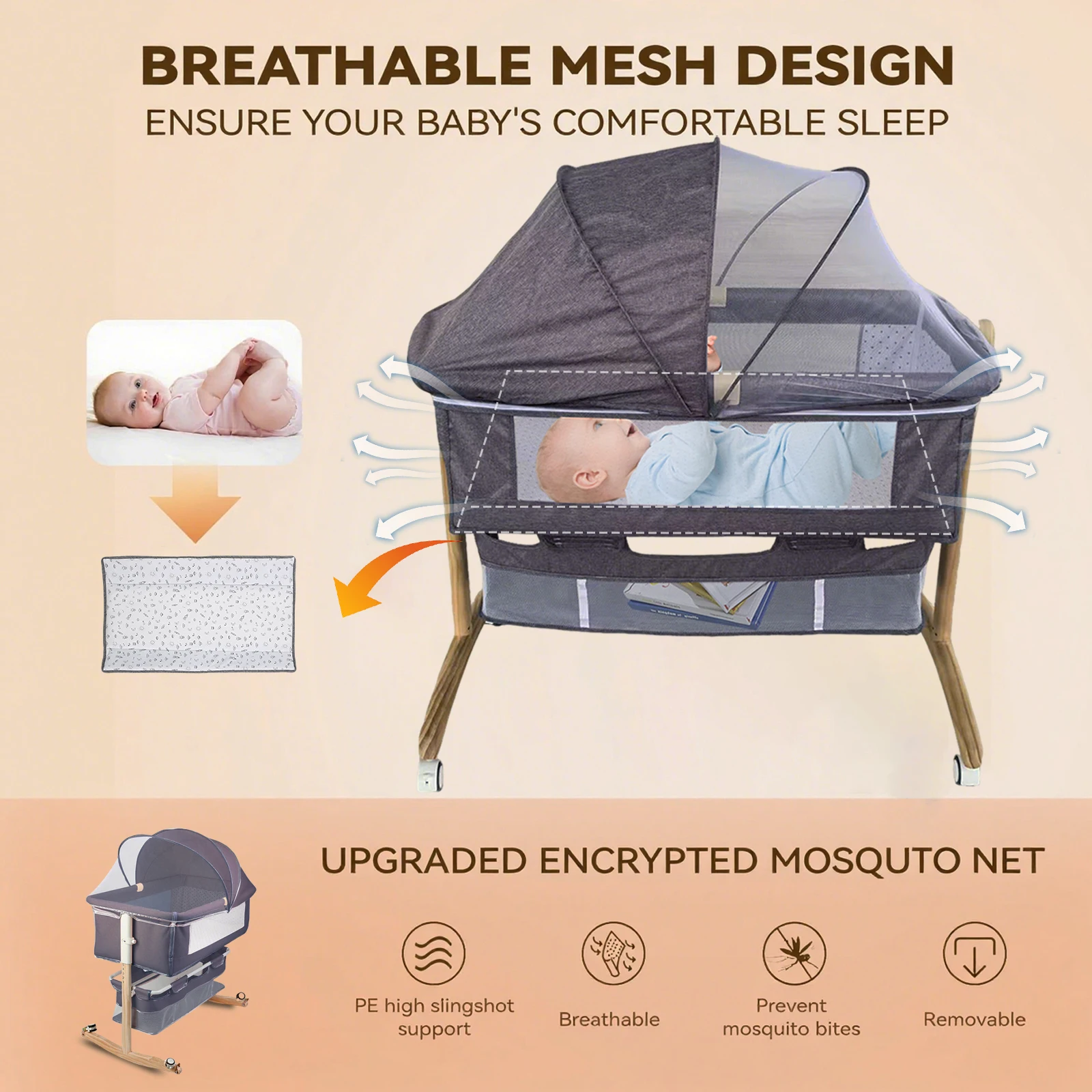 Cuna de bebé multifuncional con mosquitera, cama de guardería plegable con ajuste de altura, portátil de viaje para recién nacidos, niños y niñas