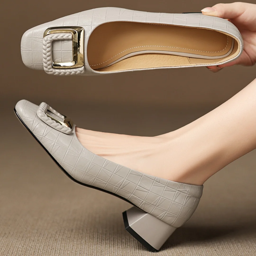 

danxuefei sheepskin square toe metal buckle slip-on pumps OL style 4cm thick med heel high quality soft comfortable heels shoes