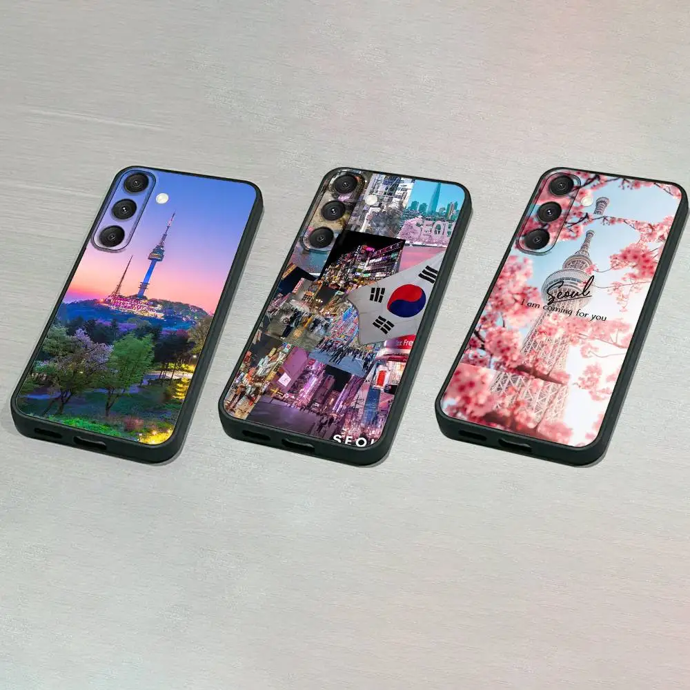 

South K-Korea S-SEOUL Travel Phone Case For Samsung S25,S24,S23,S22,S21,S20,S10,Ultra,Plus,Lite,FE,Soft Silicone Black Cover