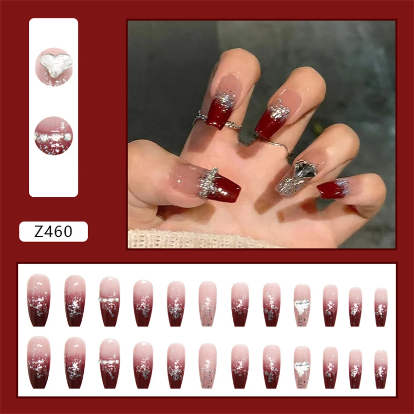 

24Pcs/Set Burgundy Halo Design Press on Nail French Full Coverage Artificial Wearing False Nails Removable Acrylic Fake Nail Art