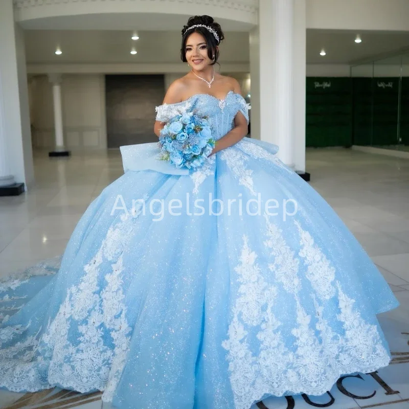 Angelsbridep Dostosowana błękitna suknia balowa Quinceanera Sukienki Sweet 16, brokatowe tiulowe aplikacje Prom Party Dress Robes De Soirée