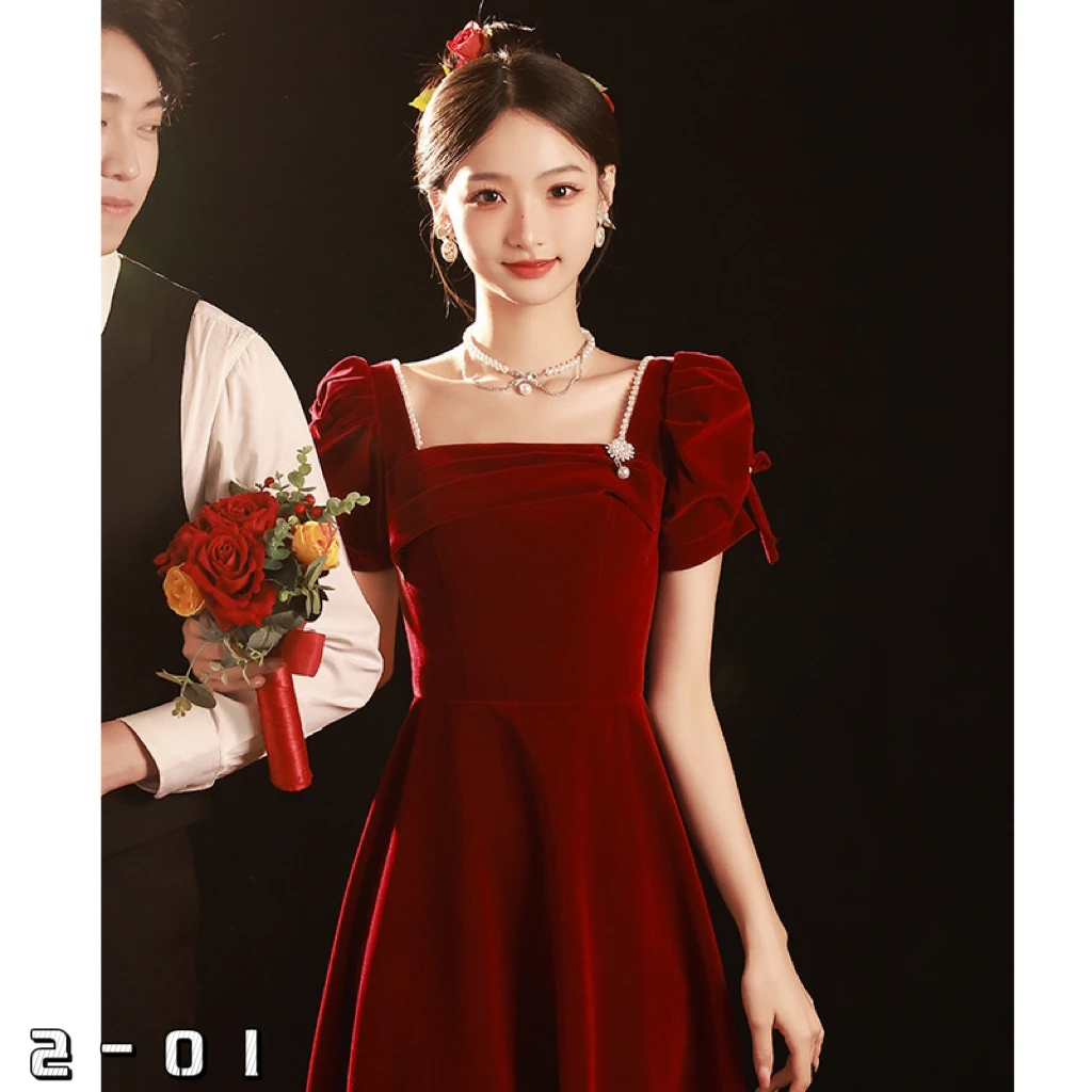 

Toast dress bride new summer wine red engagement dress can be worn at ordinary times high-grade French style slim women