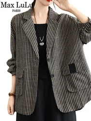 Max LuLu Autumn Korean Womens Plaid Linen Blazer Fashion Loose Casual Cotton Jackets Ladies Vintage Classic Luxury V Neck Coats