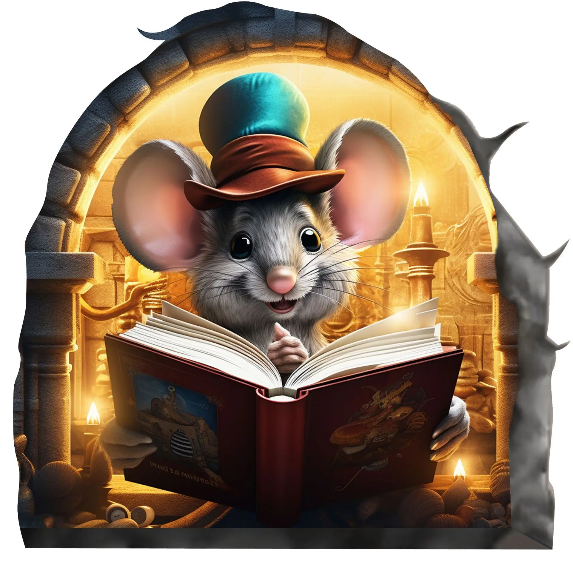 ملصق حائط بفتحة الماوس، ملصق فينيل لمحبي كتاب الماوس الكرتوني، ديكور قراءة الماوس، فأرة لطيفة في فتحة، ملصق ماوس