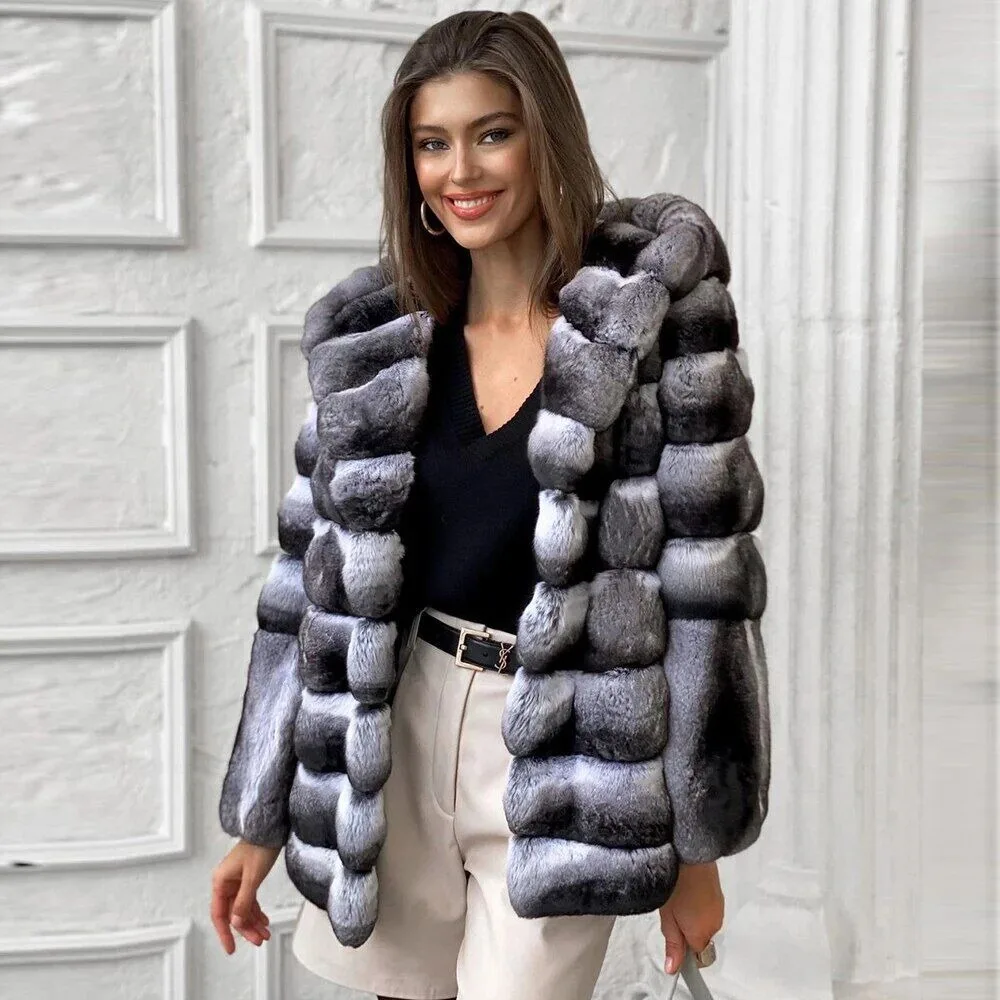 Fashion Women's Chinchilla Fur Coat Hooded New Winter Thick Luxury Real Rex Rabbit Fur Overcoat Plus Size Whole Skin Outerwear