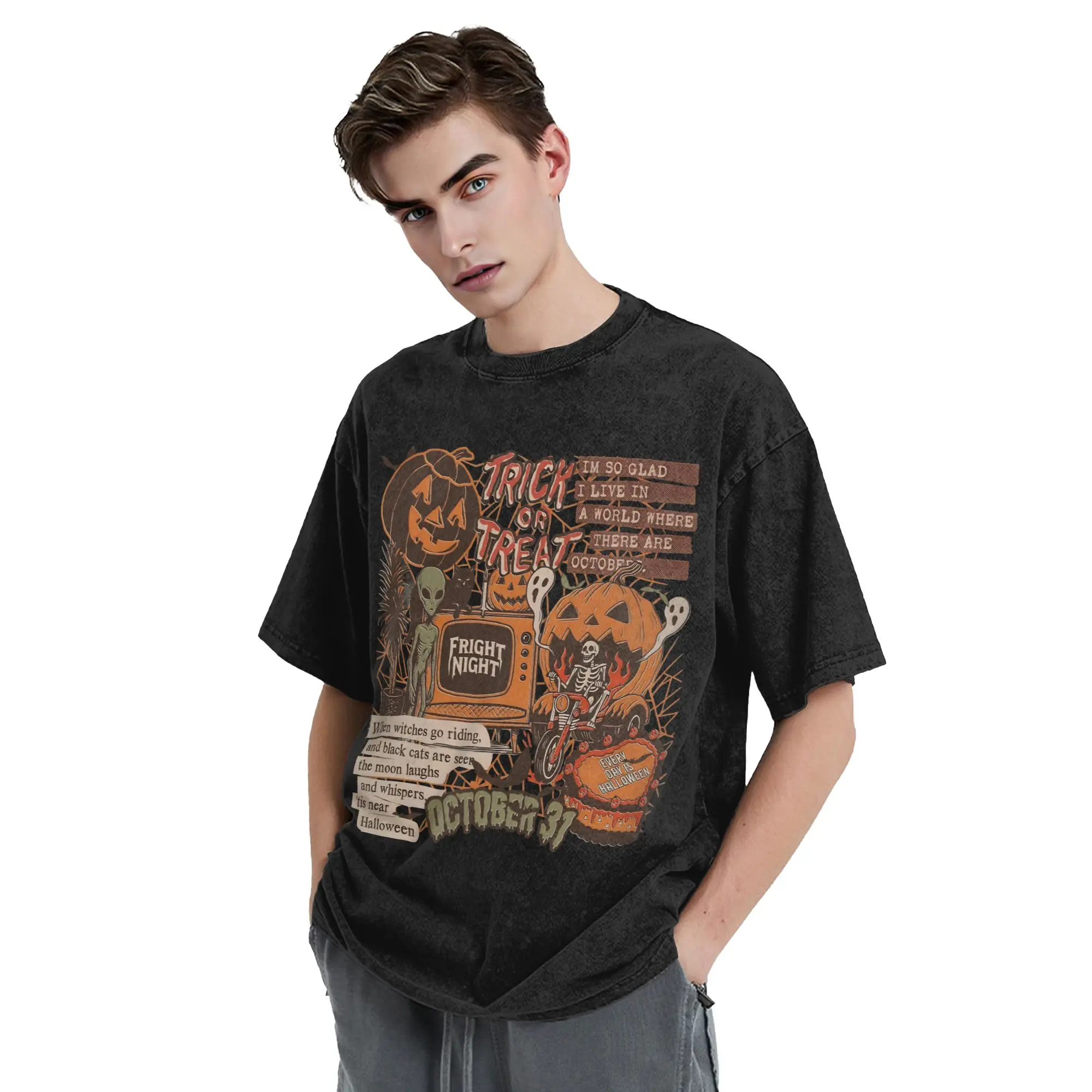Retro Halloween Spooky Ghost T Shirts Hip Hop Washed Cotton Oversize T-Shirts  Vintage Men Women Tops Streetwear Printed Tees