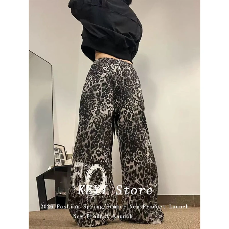 Autumn American Retro Leopard Print Strap Straight Leg Jeans for Female Boyfriend Lazy Style High Street Vibe Casual Floor Pants