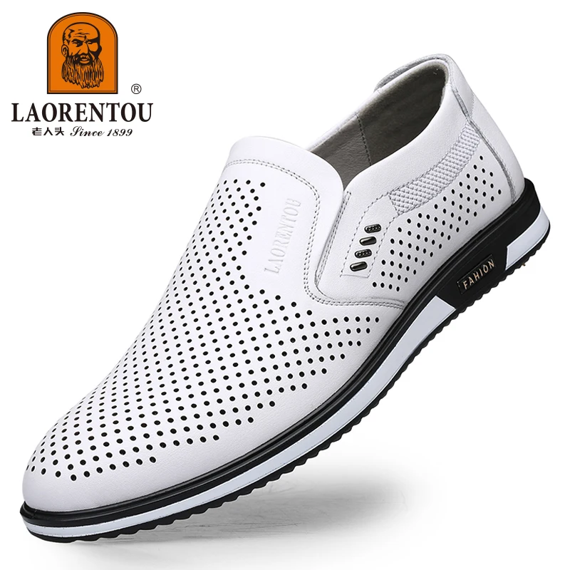 LAORENTOU summer 2024 New White Leather Shoes Hollow Breathable Genuine Leather Casual Men\'s Shoes Small White Shoes 95268