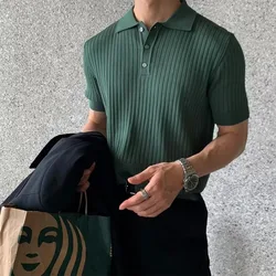 Korean Style New Men's Summer Collar Solid Color Casual Thin Knitted Top Men's Fashionable Slim Fit Short Sleeved Shirt