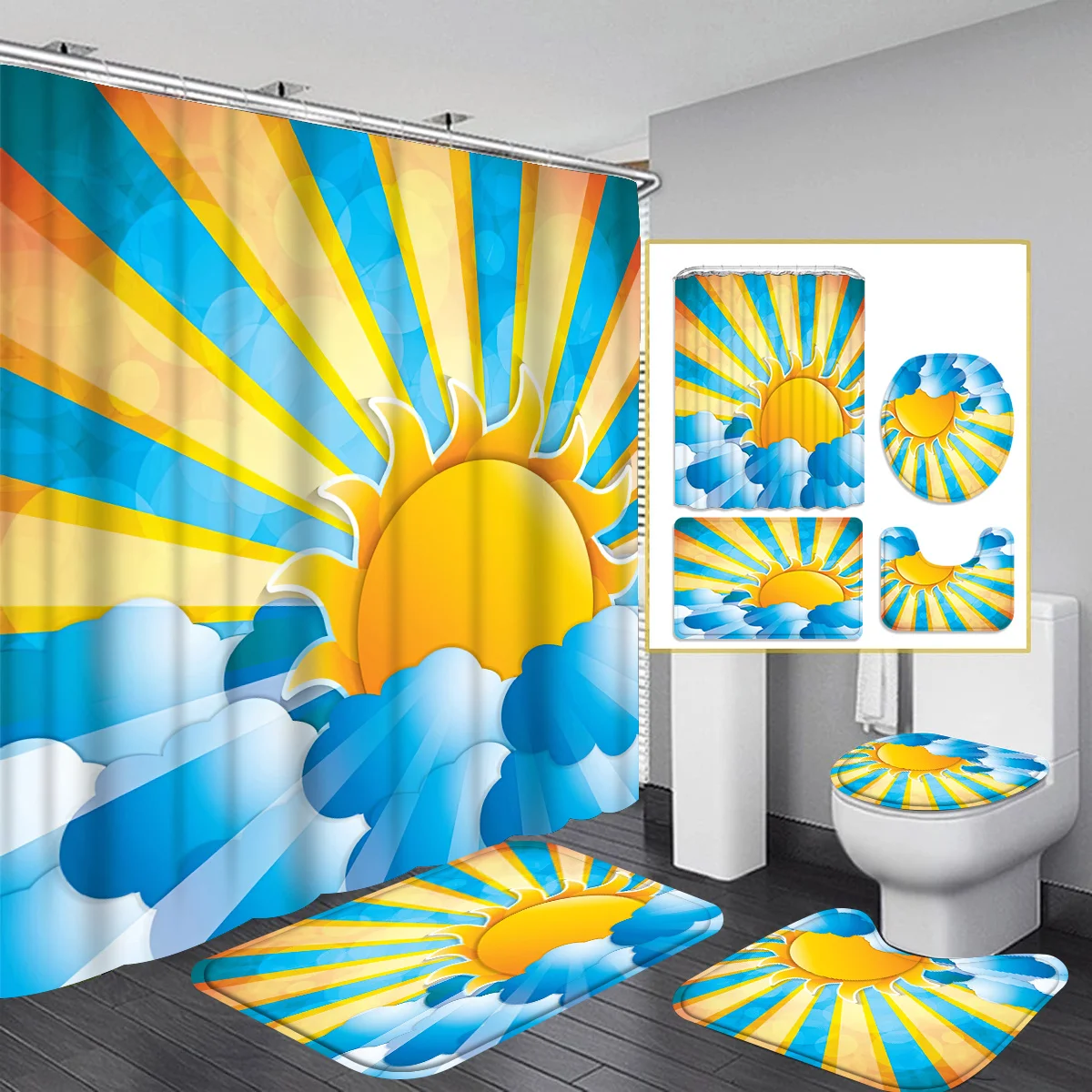 

4pcs shower curtain Bathtub Curtain, Shower Curtain with 12 Hooks, Non-slip Bath Blanket, Toilet U-shaped Mat, Toilet