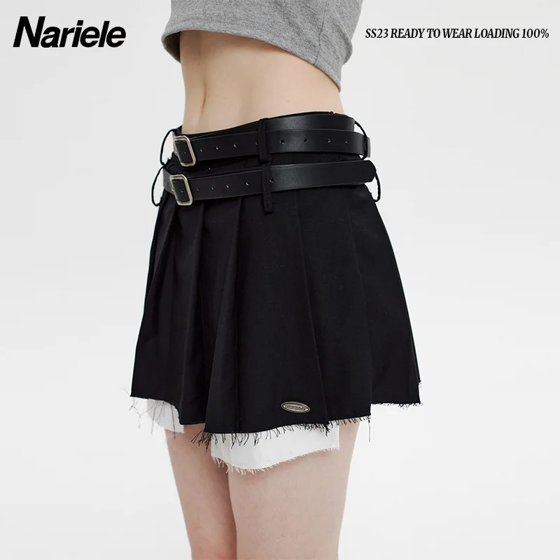 Design Sense Double Belt Pleated Skirt Pure Spicy Girl Style High Waist Anti Glare Fashion A-line Skirt Short Skirt