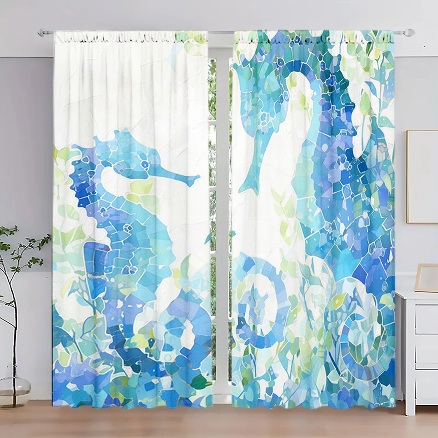 2pcs Blue Seahorse Watercolor Printed Curtain for Home Decor - Rod Pocket Window Treatment for Bedroom, Office, Kitchen