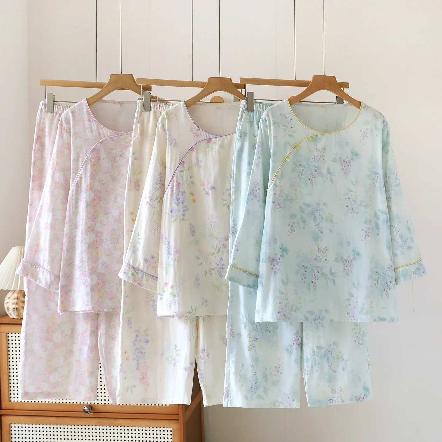 

Spring and Autumn Women's National Style Long Sleeved Long Pants Cotton Home Sleepwear Clothes 2 Pcs Pajama Set