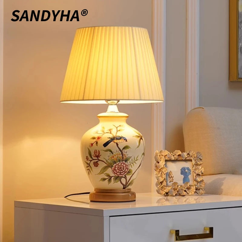 SANDYHA American Flower Bird Ceramic Table Lamp LED Floor Lamp with Fabric Lampshade for Living Room Bedroom Decor Stylish