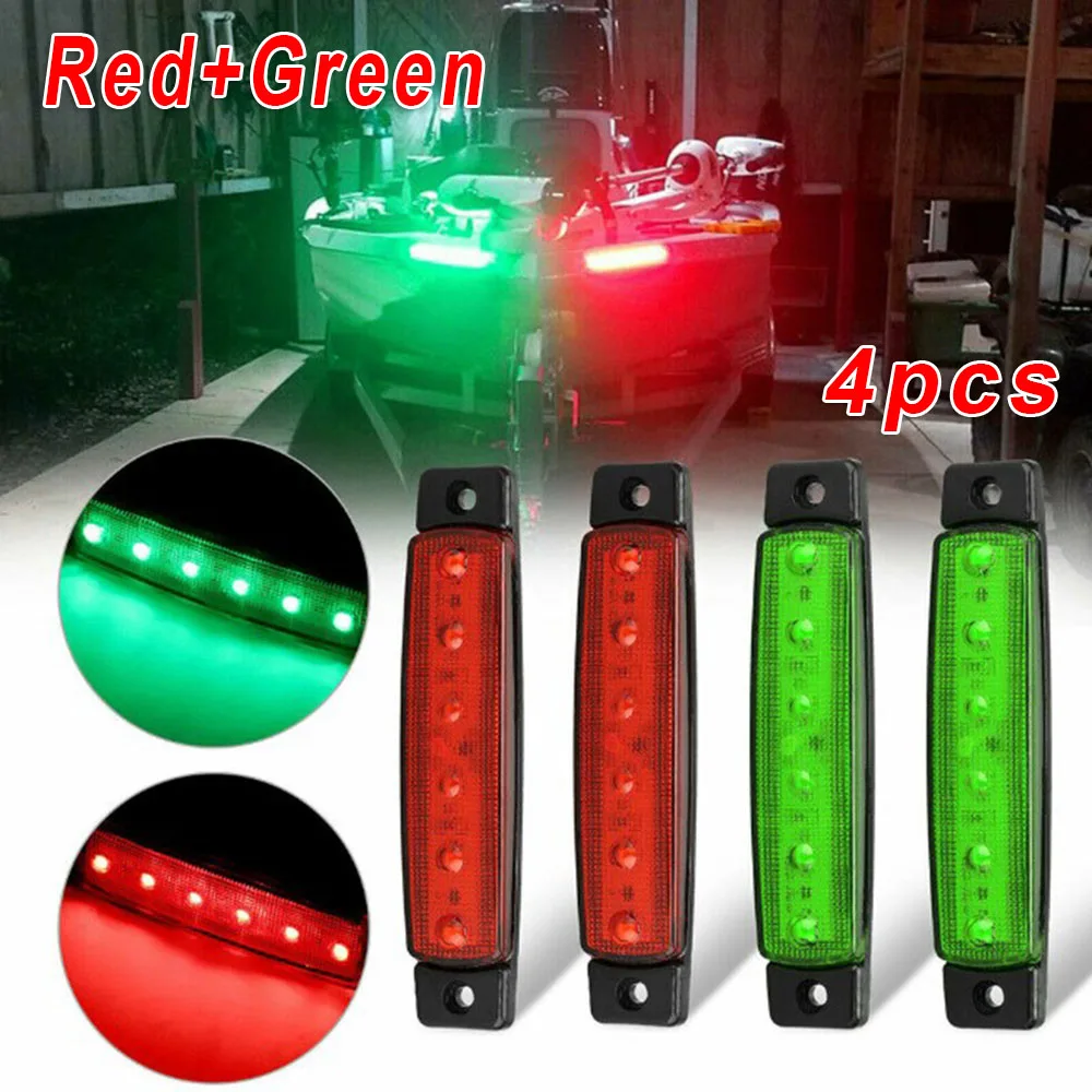 4pcs Red+Green Navigation 6LED Lights Stern Boat Starboard Lamp Set DC12V Waterproof ABS Plastic Boat Side Signal Lights