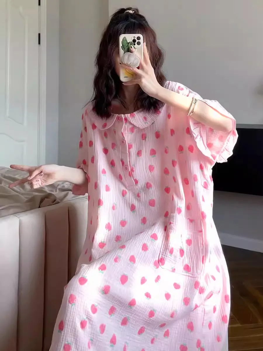 

Sweet Doll Collar Sleep Dress Women's Summer plus Size Short Sleeve Long Dress Large Size Pregnant Home Clothes Many Colors