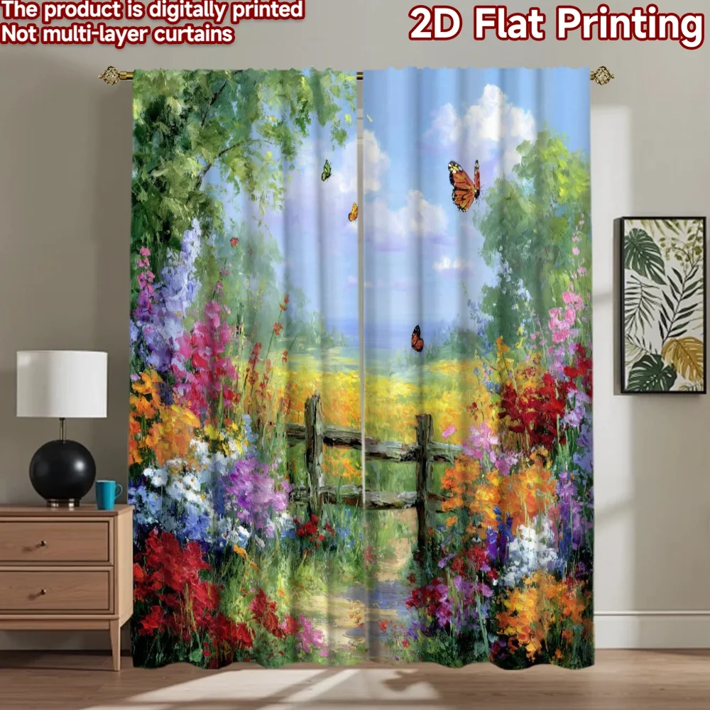 2D flat printing 2pcs Window Curtains Butterfly meadow fence flowers Digital Printed Polyester Drapes Family Party Decoration