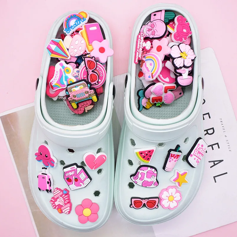 1/25/50/100Pcs Pretty Pink Cute Girl Cartoon PVC Shoe Charms Bow Heart Rainbow Fashion Decor For Slides Sandals DIY Accessories