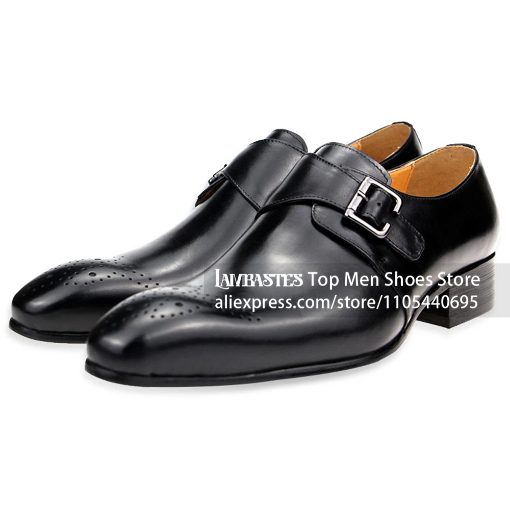 Black Single Monk Dress Shoes for Men Brogue Perforated Toe Pointed Toe Formal Leather Shoes Classic Buckle Business Monk Shoes