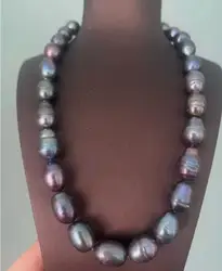 Amazing 12-13mm Tahitian Baroque Black Green Pearl Necklace 18 inches 925s