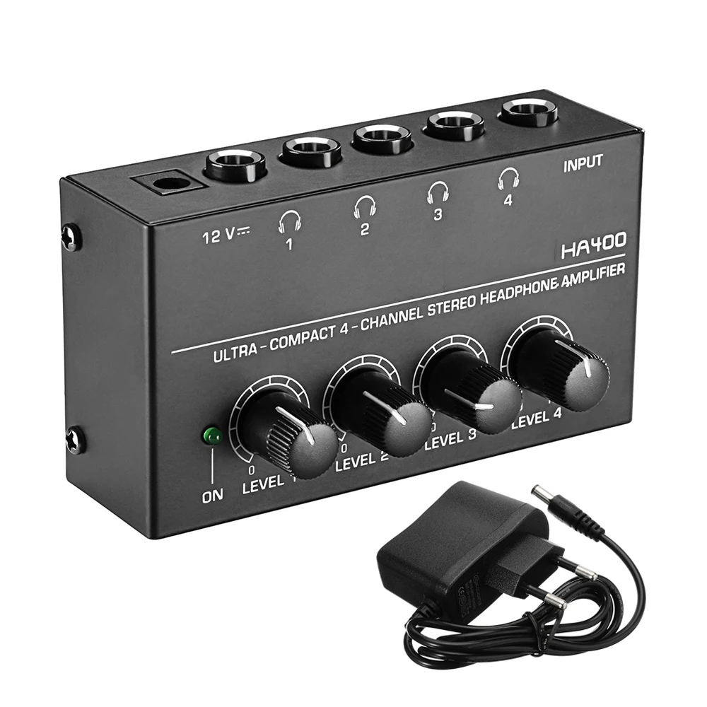 Headphone Amplifier HA400 Ultra-Compact 4 Channels Mini Audio Stereo With With Power Adapter Black Adapter EU Plug