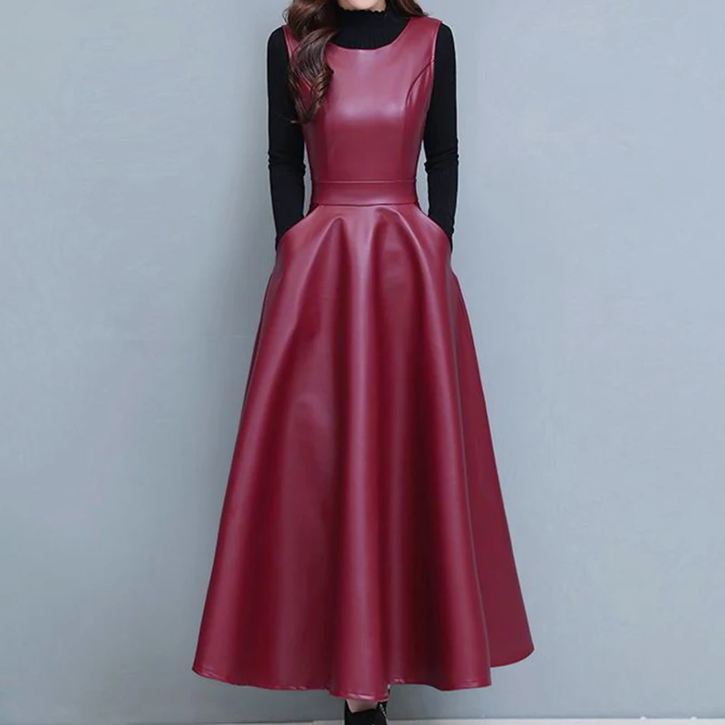 

Strap leather skirt two-piece set, spring autumn solid color with pocket leather jacket, vest skirt, long dress