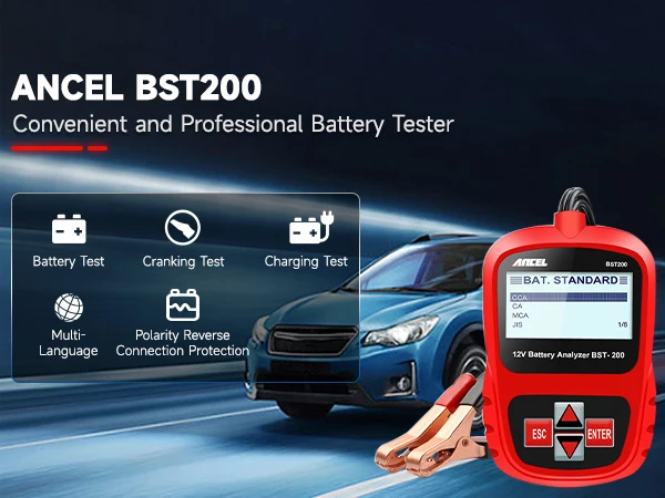 Compact 12V Battery Health Analysis Diagnostic Tool with Reverse Polarity Protection & Backlit LCD - BST200 Includes 5 Types