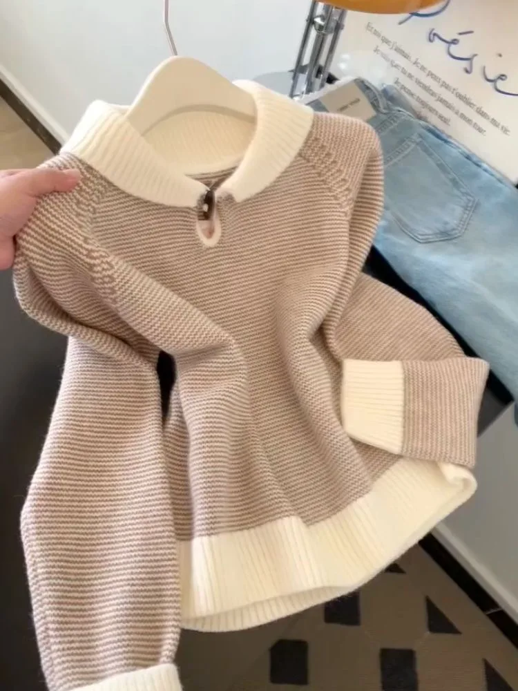 

Модный женский свитер свободного кроя с воротником и цветовыми блоками, с длинными рукавами, премиум-класса, осенне-зимняя новинка